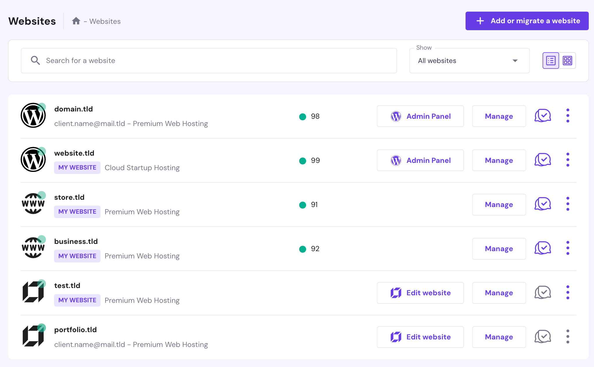 Розділ веб-сайтів hPanel