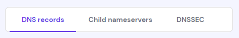 The DNS records tabs to manage DNS, Child nameservers and DNSSEC for a domain