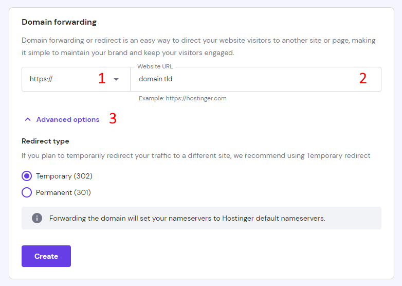The domain forwarding options on hPanel at Hostinger