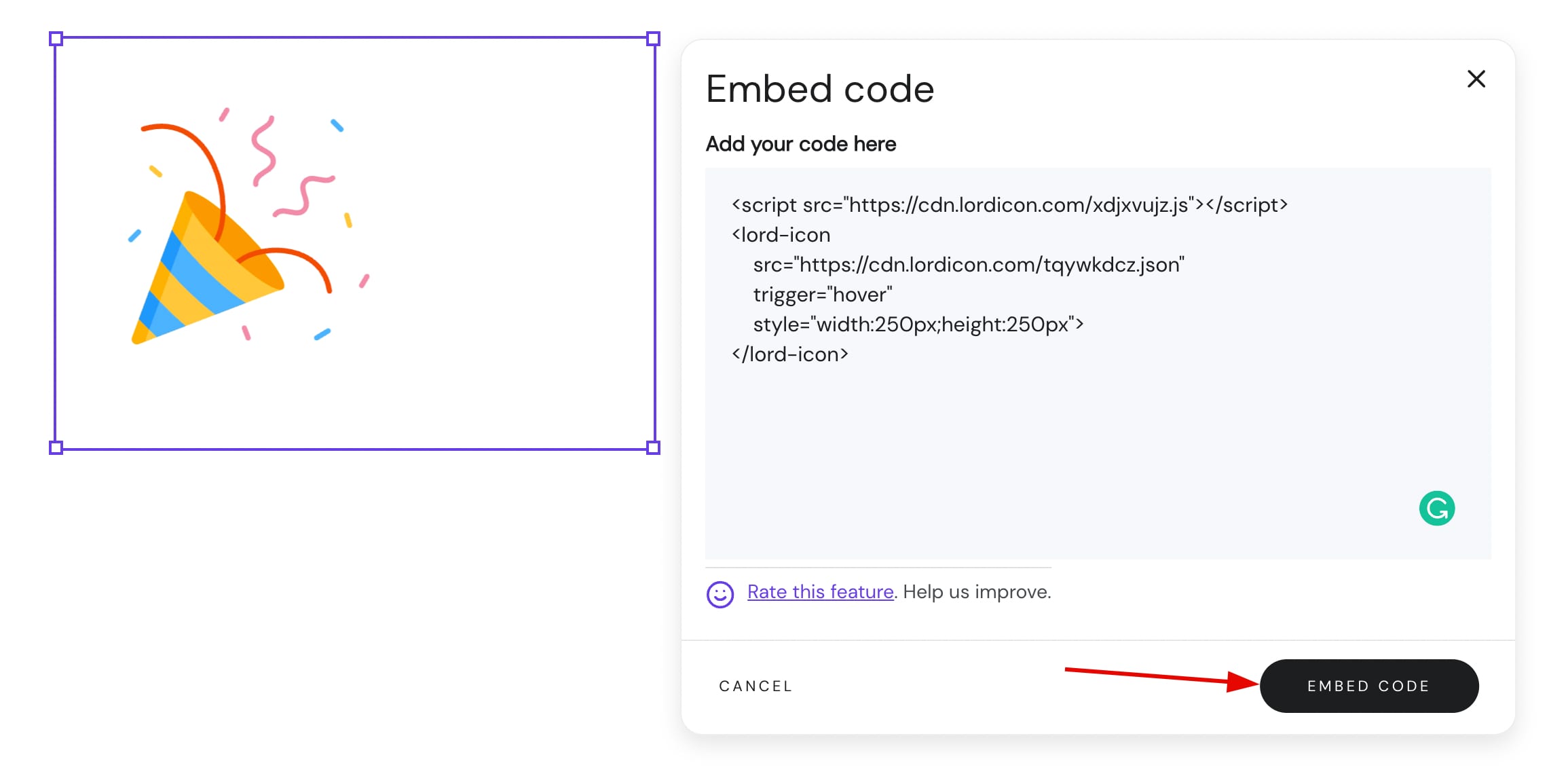 Pasting the HTML code of the animation at Hostinger Website Builder