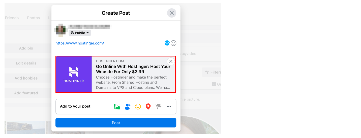 Example of meta title and description when sharing a link on social media