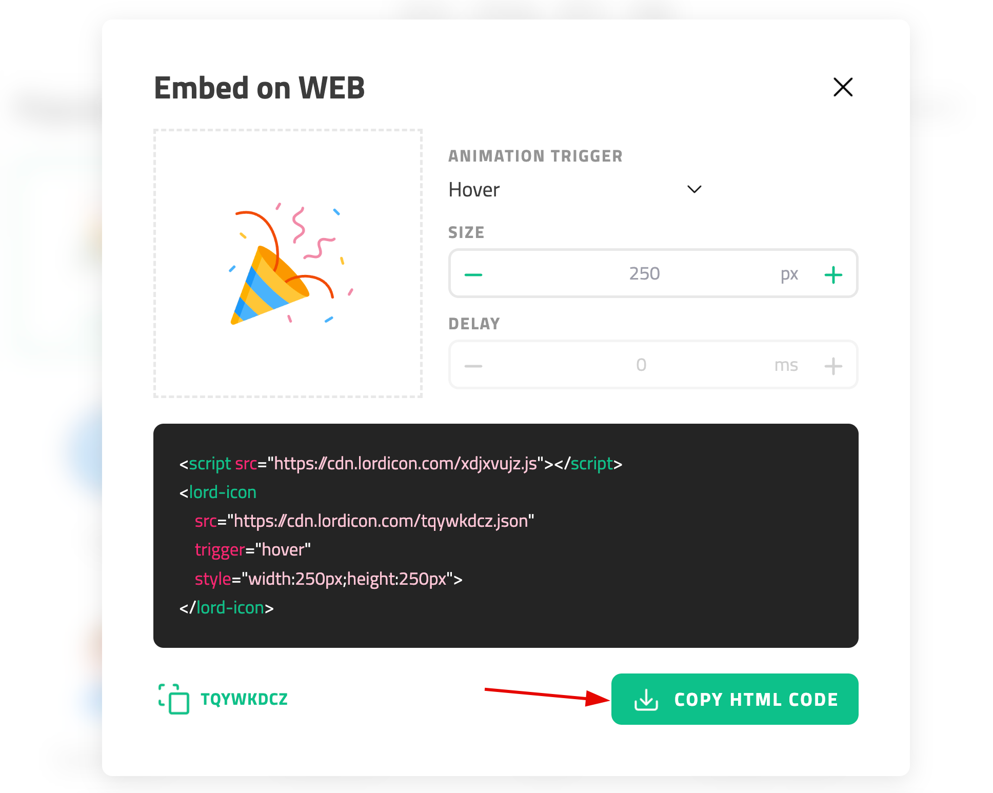 Copying the HTML code of the animation