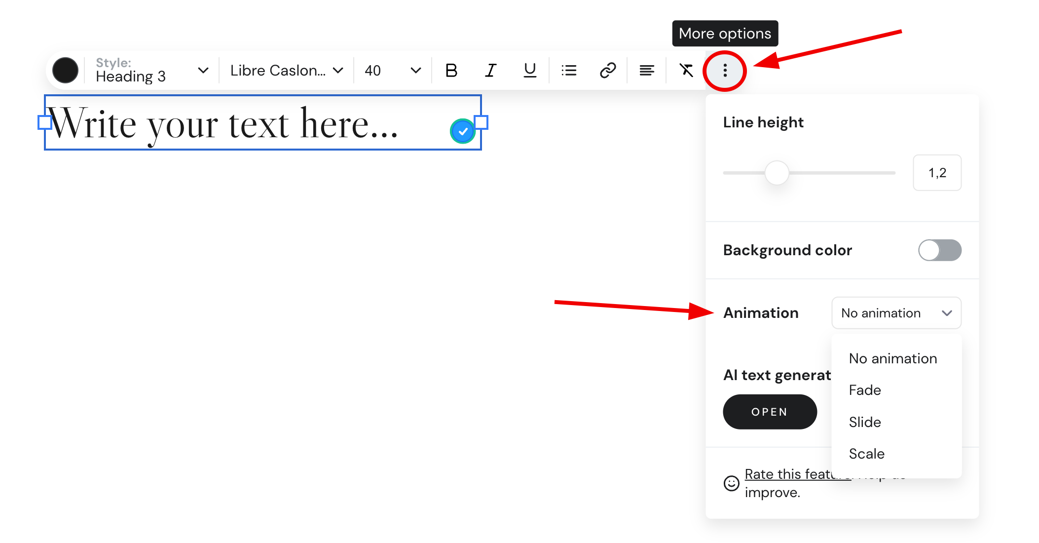 Text animation settings