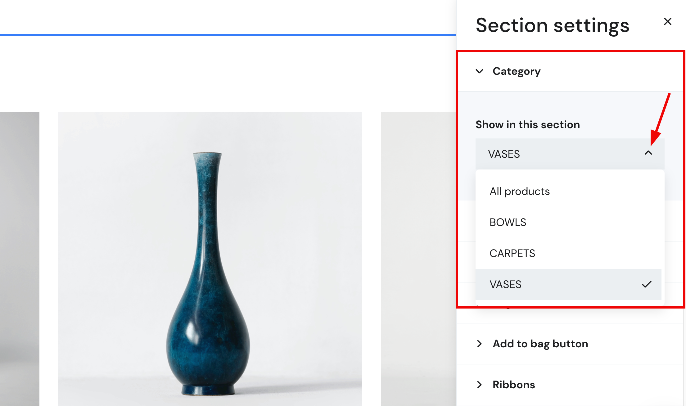 Displaying a product category on a website created with Hostinger Website Builder