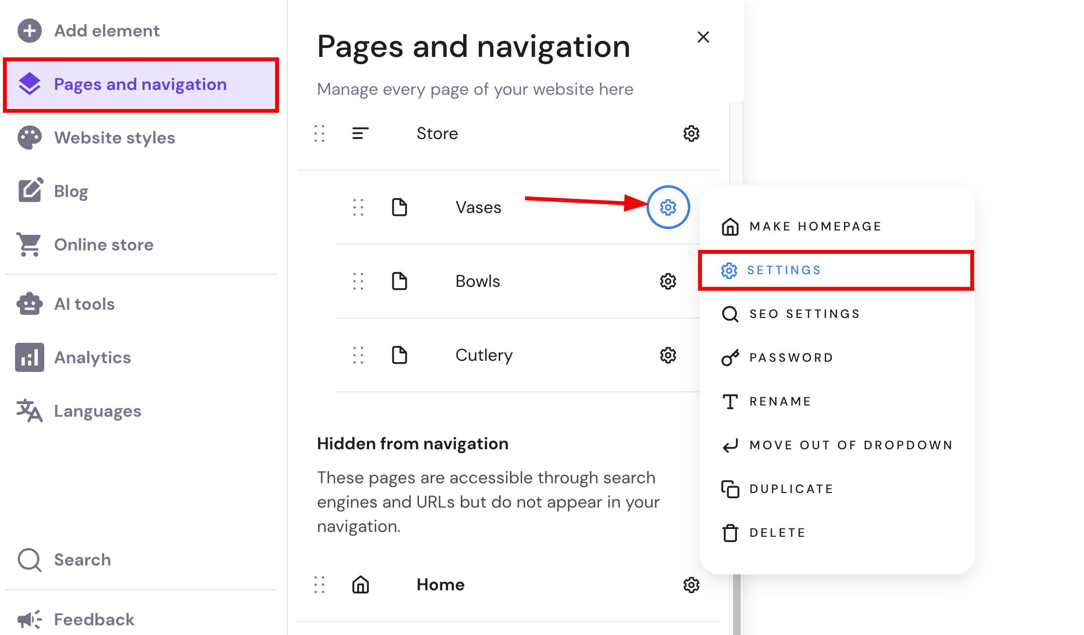 Opening page settings in Hostinger Website Builder