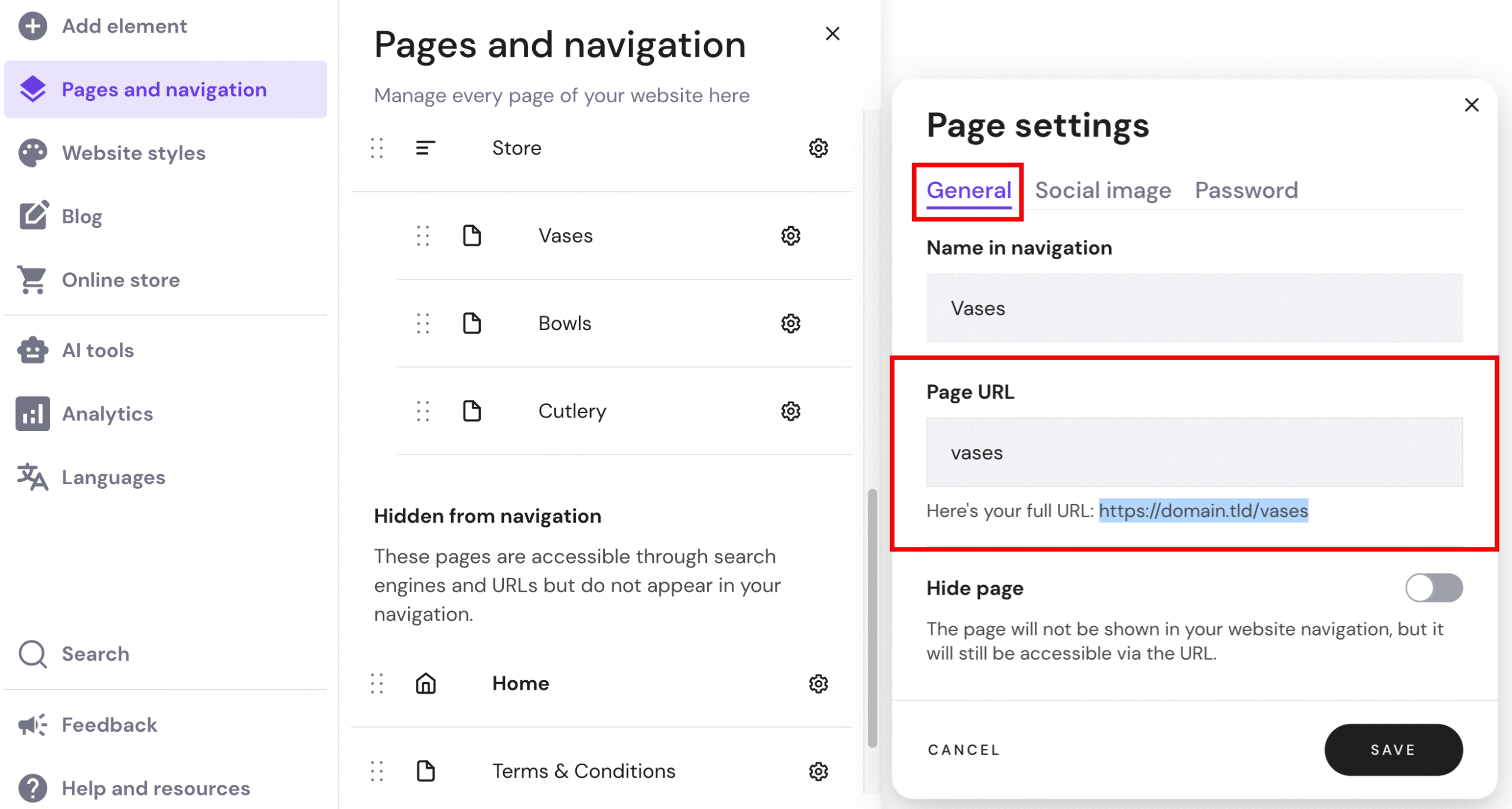 The general page settings in Hostinger Website Builder