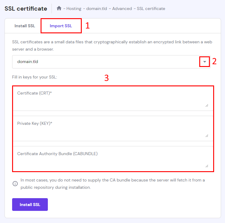 The Import SSL options to isntall a custom SSL