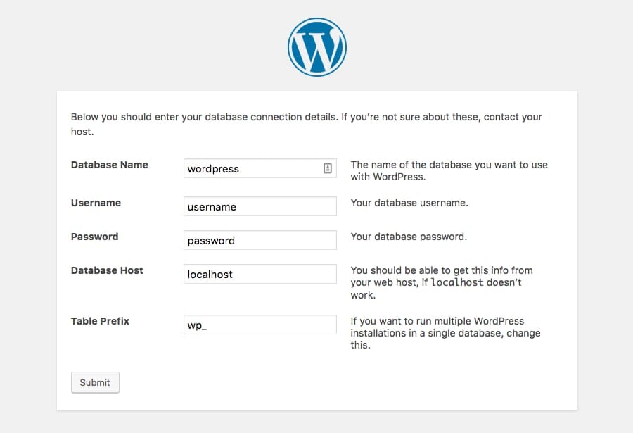 The section to enter the database connection details for a new WordPress installation