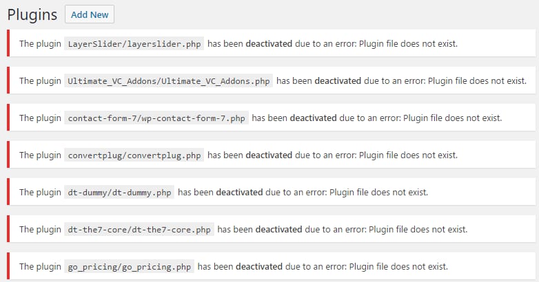 The Plugins section on the WordPress Admin area showing the missing plugins
