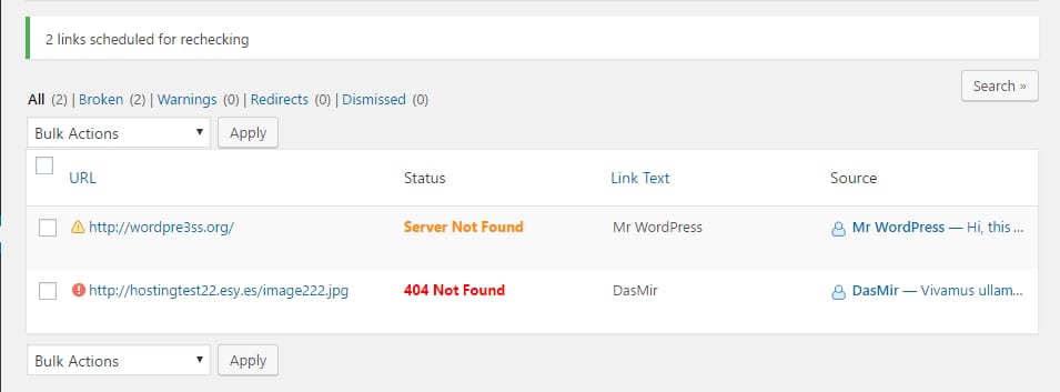 The Broken Link Checker settings showing some broken links found