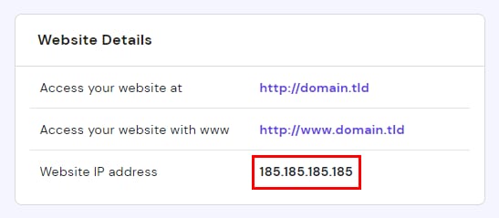 The Website Details section on hPanel showing the hosting IP address