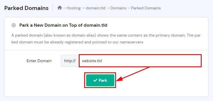 The Parked domains section on hPanel showing where to park a new domain