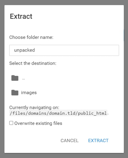 The Extract archive options: choose folder name, select destination and overwrite existing files
