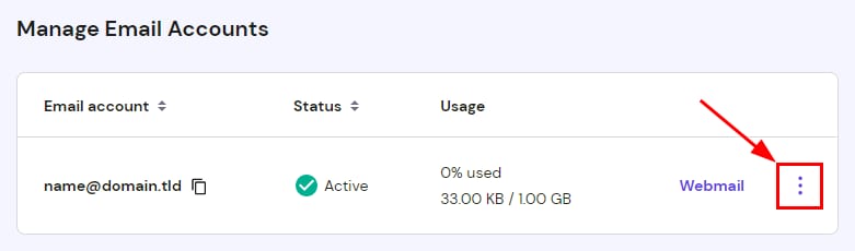 The Manage Email Account section on hPanel at Hostinger showing the options button