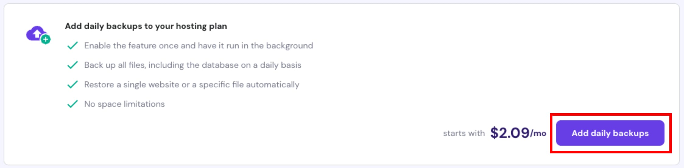 The Add daily backups button to purchase the service