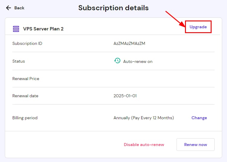 The upgrade subscription option on the billing section of Hostinger members area