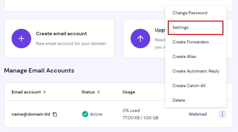 The Settings option in Manage Email Accounts menu