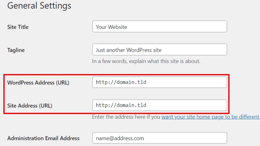 The WordPress General Settings showing where to update address URLs to force HTTPS