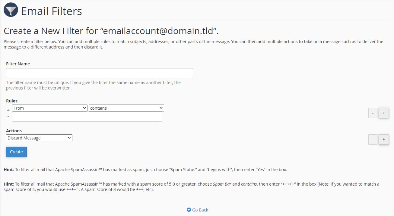 Creating email filters with cPanel email