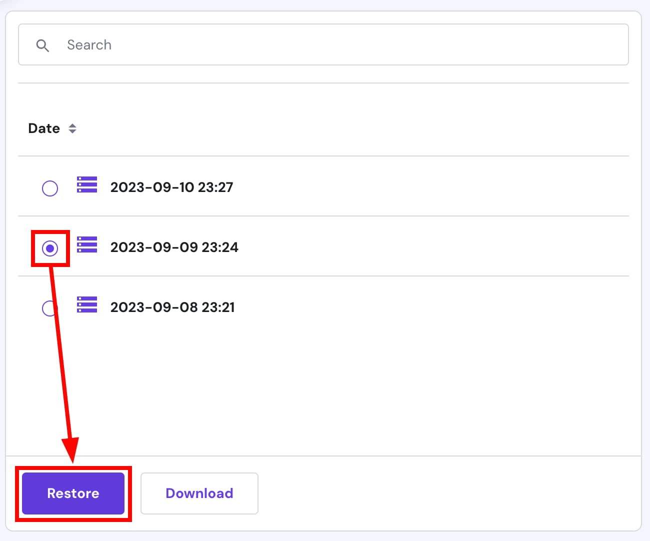 How to select a backup date for a database and download