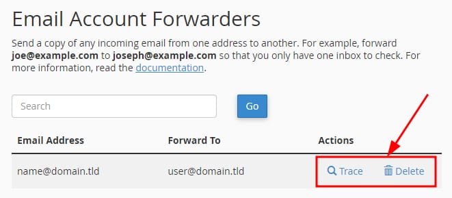 The Email Account Forwarders section on cPanel showing how to trace or delete a forwarder
