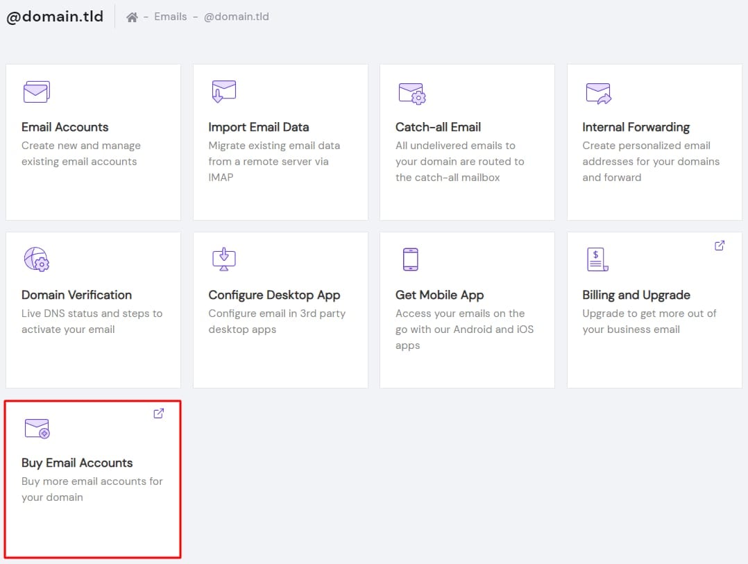The option Buy Email Accounts in the Titan Email management panel at Hostinger