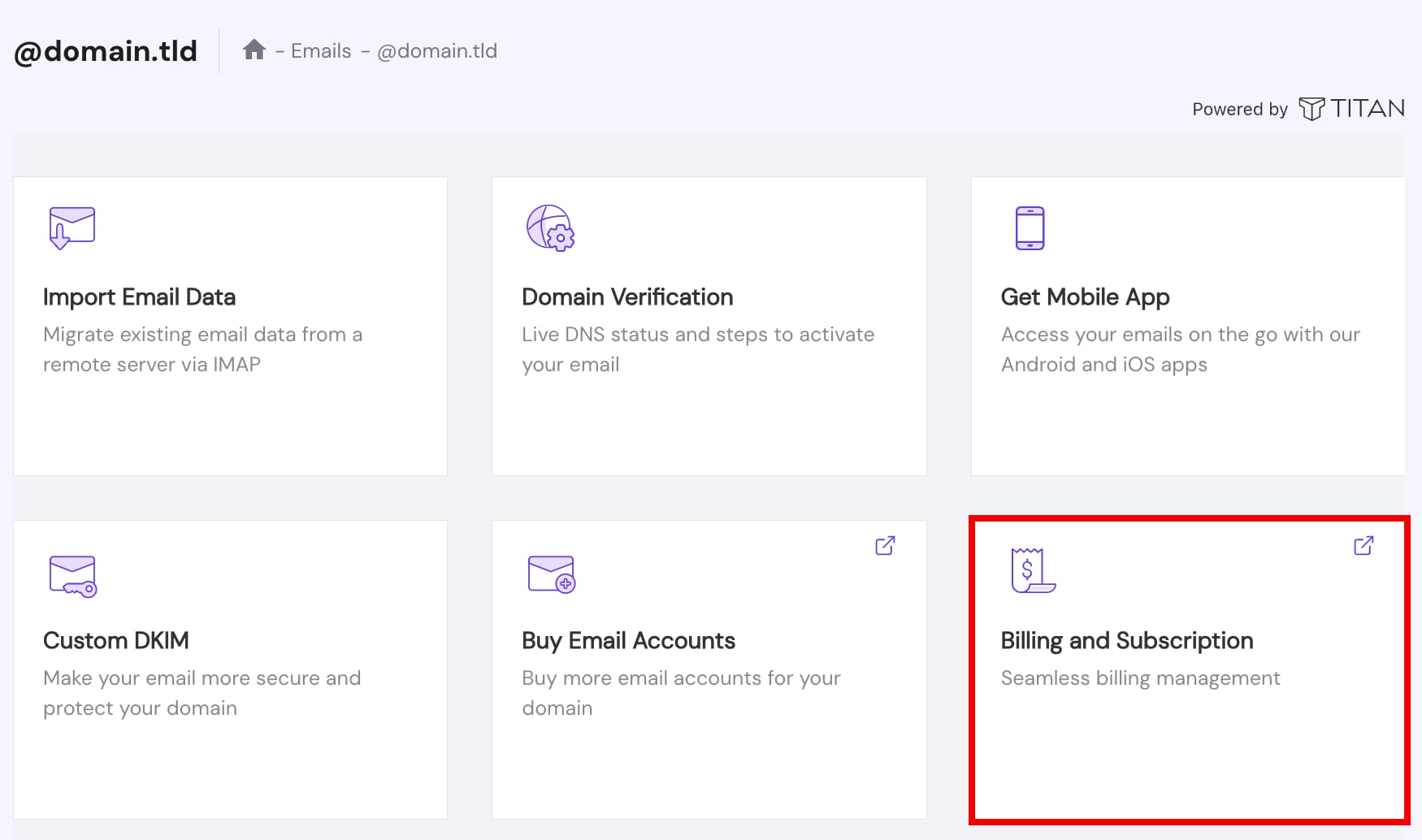 The option Billing and Subscription in the Titan Email management panel