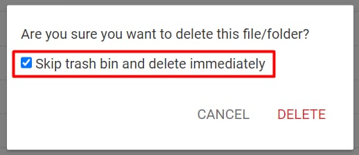 The confirm delete window showing the option to skip trash bin