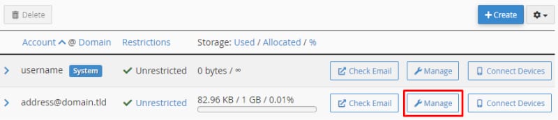 The cPanel email address list and how to access email Management
