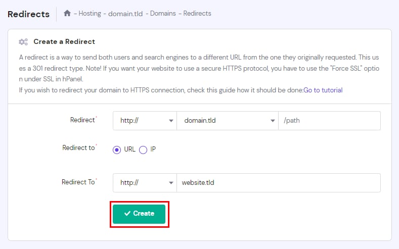 The Redirects page showing how to create a redirect