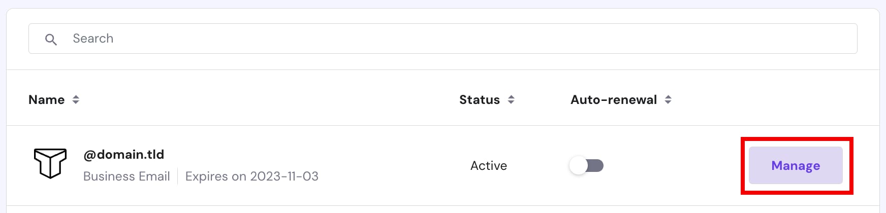 The Manage button in the Email section at Hostinger