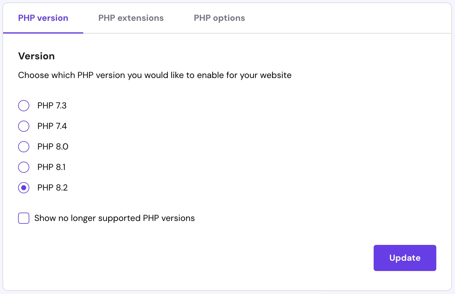 The PHP version tab showing the available PHP versions