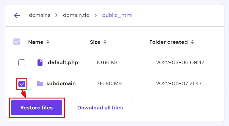 Restoring a backup of a particular website's folder