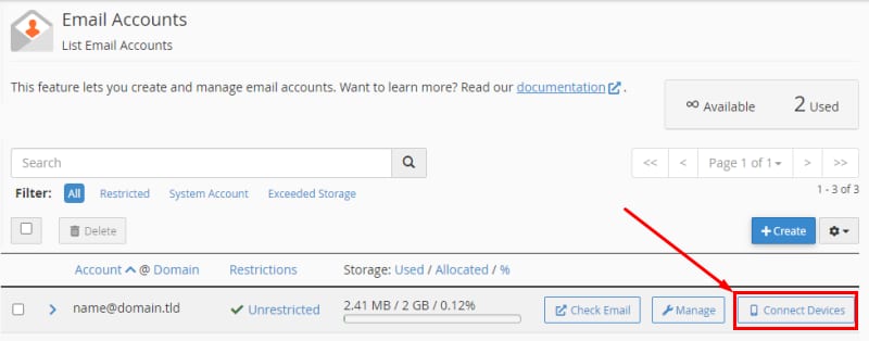 The Email Accounts list showing how to access the configurations by clicking on Connect Devices