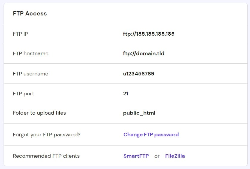 FTP account details