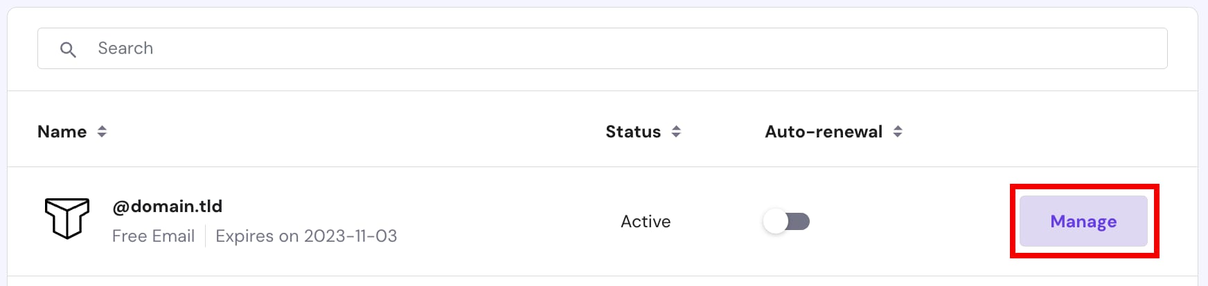 The Manage button in the Email section at Hostinger