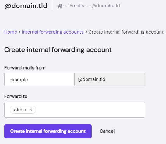 The feature Internal Forwarding in the Titan Email management panel at Hostinger