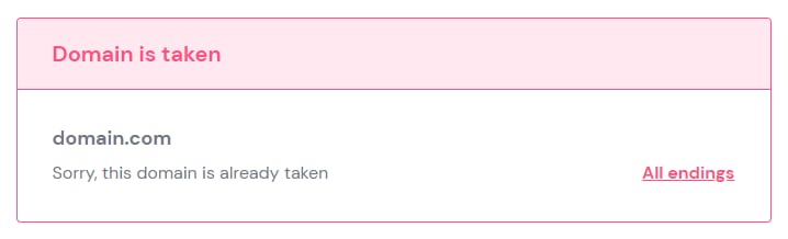 The Domain Checker notification that a domain is taken