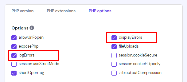The PHP options tab showing how to enable display and log errors