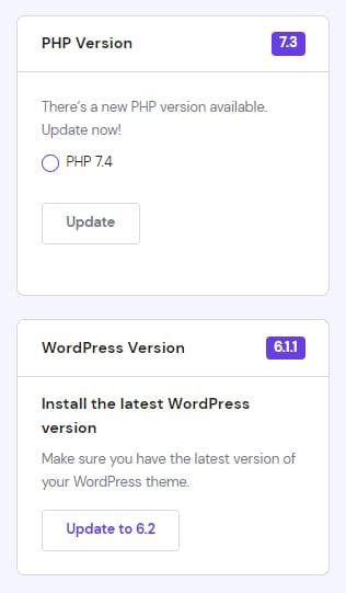 The option to change the version of PHP and WordPress in WordPress → Overview → Dashboard