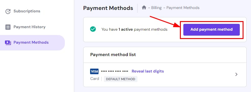 Adding a payment method in Hostinger Members Area → Billing → Payment Methods
