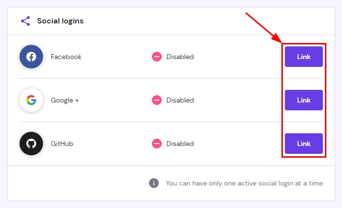 The Social logins option showing how to Link the account