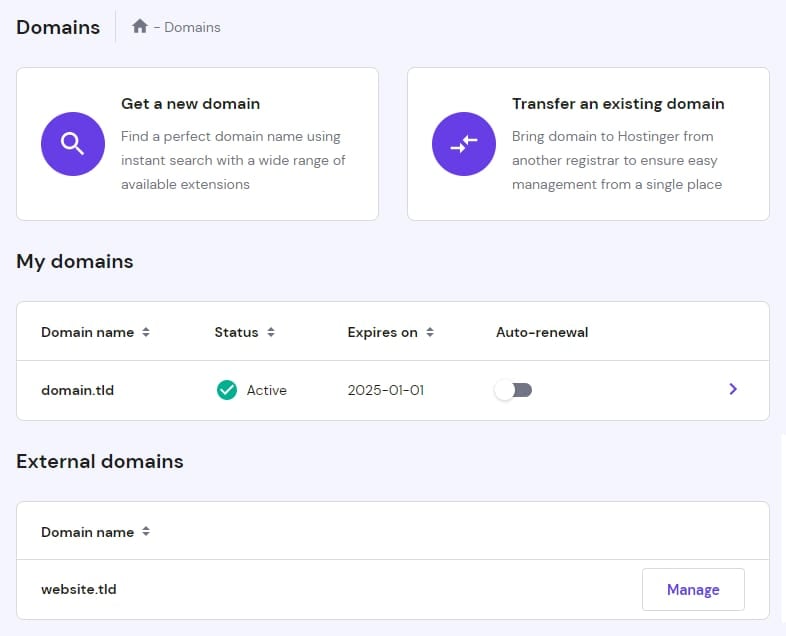 The view in hPanel → Domains