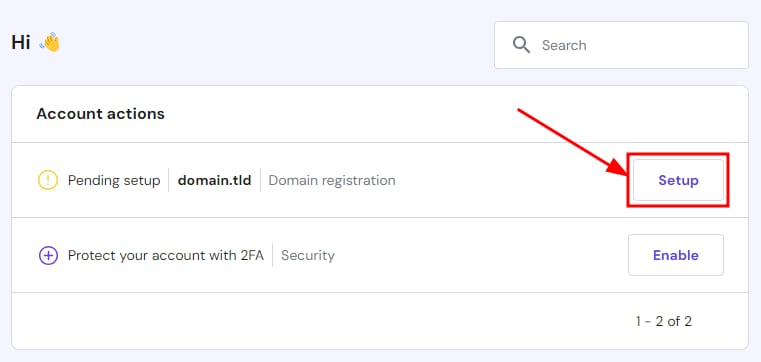 The setup button to register a domain