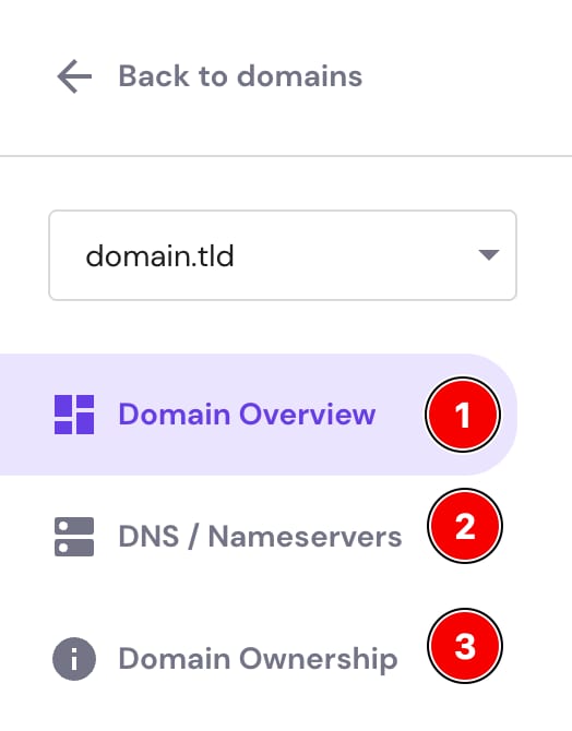 The Domains section sidebar showing the options to check Domain Overview, DNS Zone and Domain Ownership