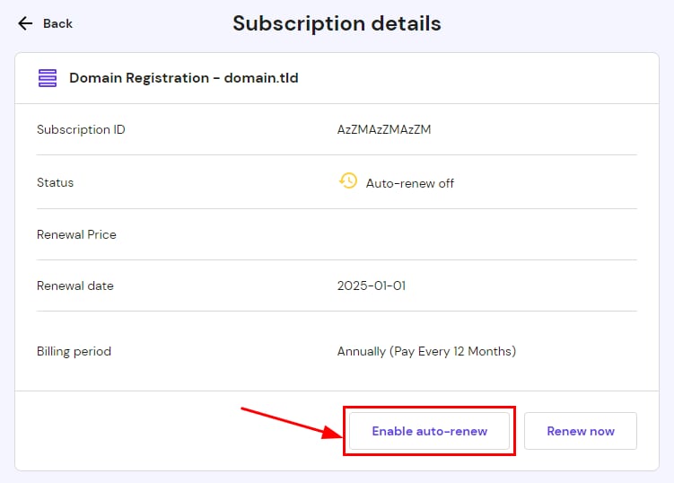 The Enable auto-renew button on the subscription details page