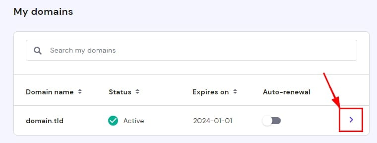 The Domain list on hPanel indicating where to open the domain management options