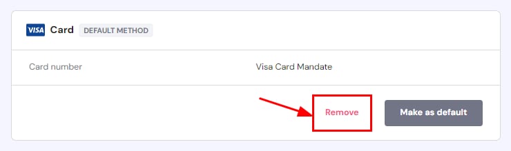 The Payment method options showing how to remove the payment method from a Hostinger account