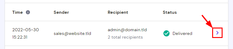The rightward arrow to see more information about the delivery of a specific email