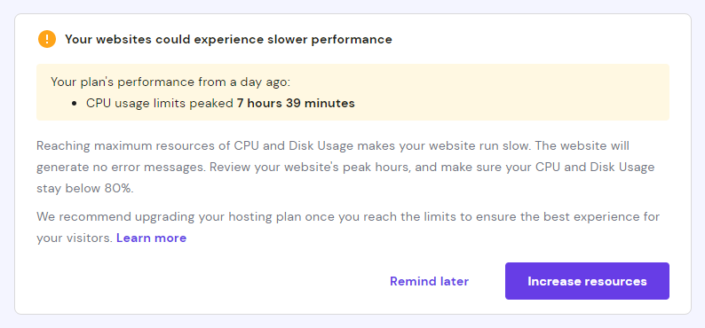 The message “Your websites could experience slower performance” shown on Resources Usage section